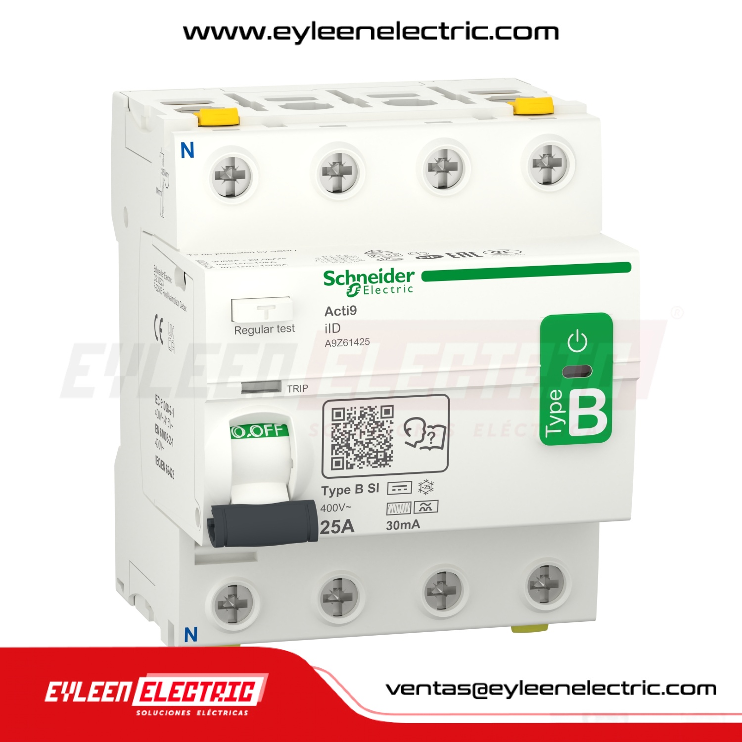 INTERRUPTOR DIFERENCIAL RIEL DIN ACTI9 iIDsi, 4X25A, 300mA, CLASE B-SI