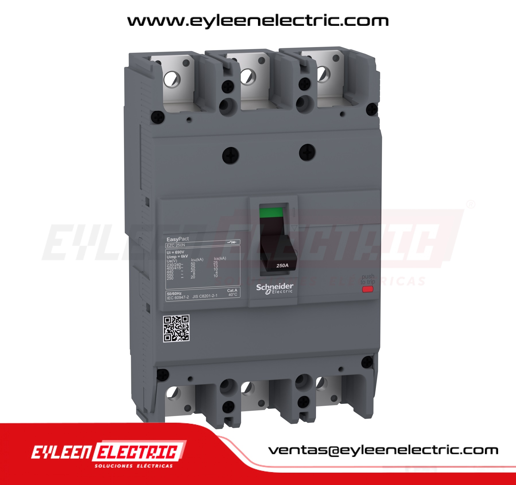 INTERRUPTOR AUTOMÁTICO CAJA MOLDEADA FIJA EASYPACT EZC250N, 3X225A, 50/25/20kA, 240/380/440VAC