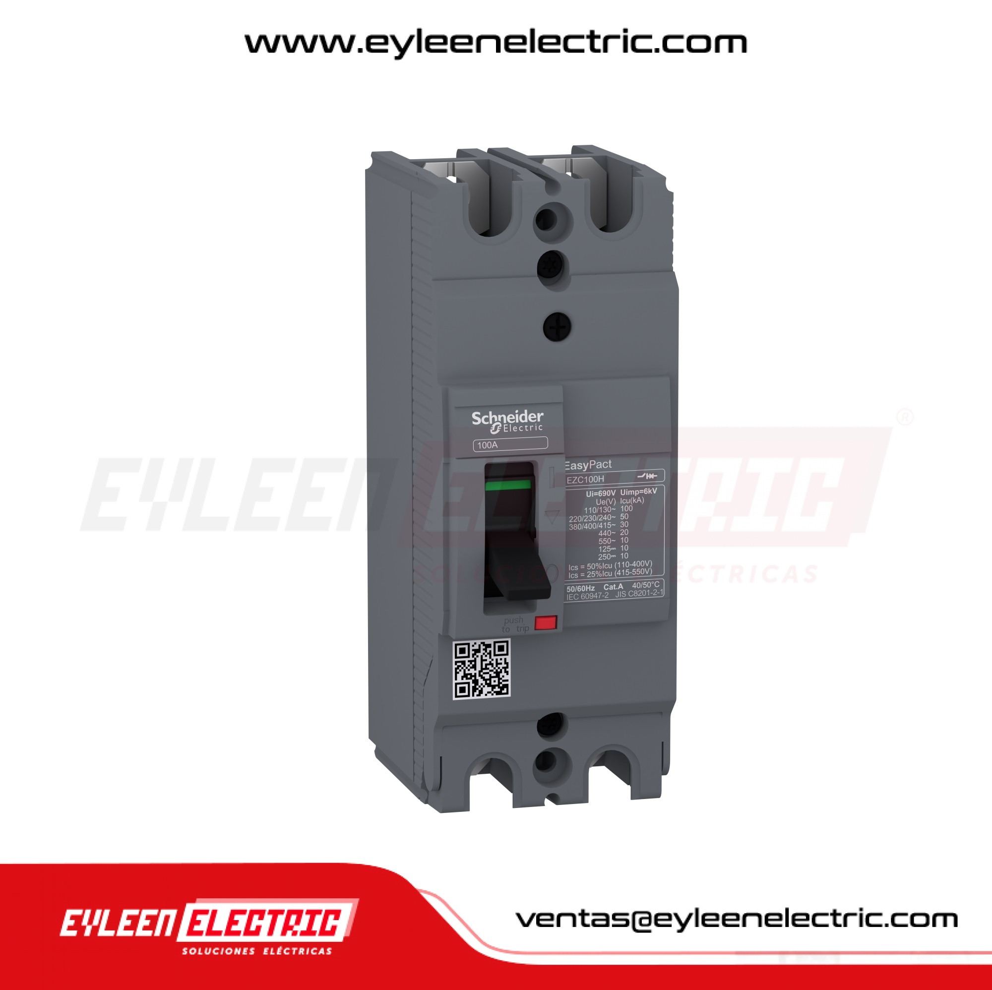 INTERRUPTOR AUTOMÁTICO CAJA MOLDEADA FIJA EASYPACT EZC100H, 2X100A, 50/30/20kA, 240/380/440VAC