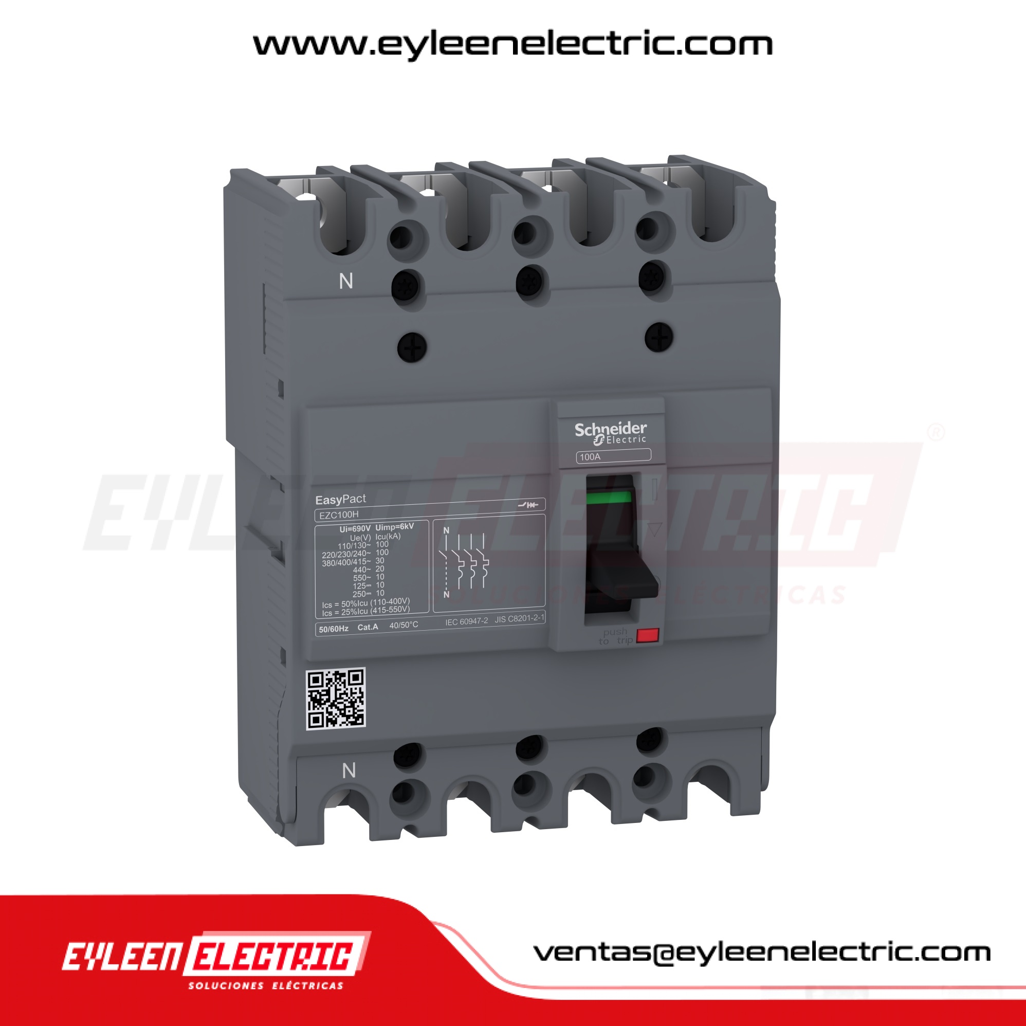 INTERRUPTOR AUTOMÁTICO CAJA MOLDEADA FIJA EASYPACT EZC100H, 4X50A, 50/30/30kA, 240/380/440VAC