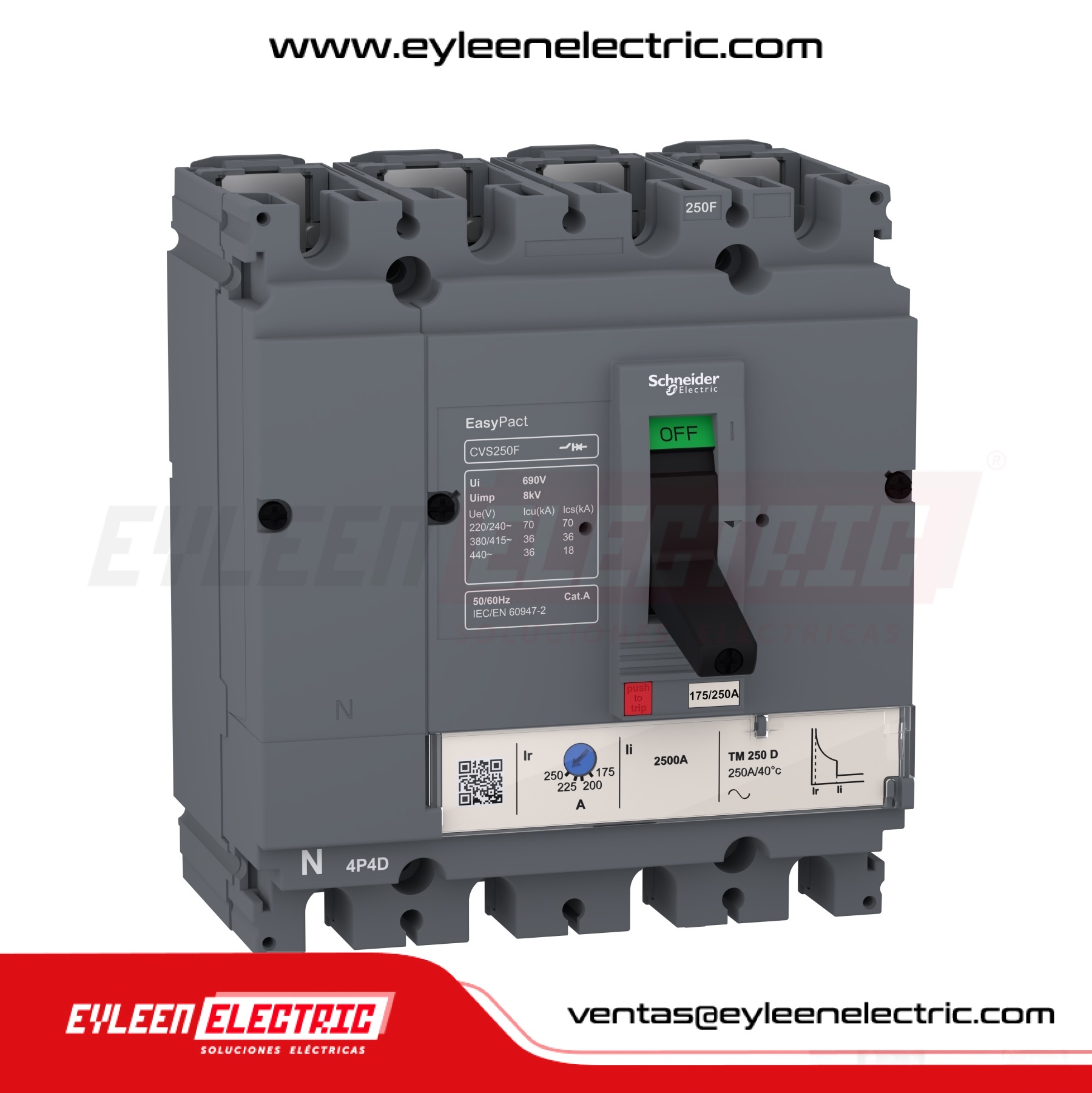 INTERRUPTOR AUTOMÁTICO CAJA MOLDEADA FIJA EASYPACT REGULAR CVS250F, 4X(175-250A), 70/36/36kA, 240/380/440VAC