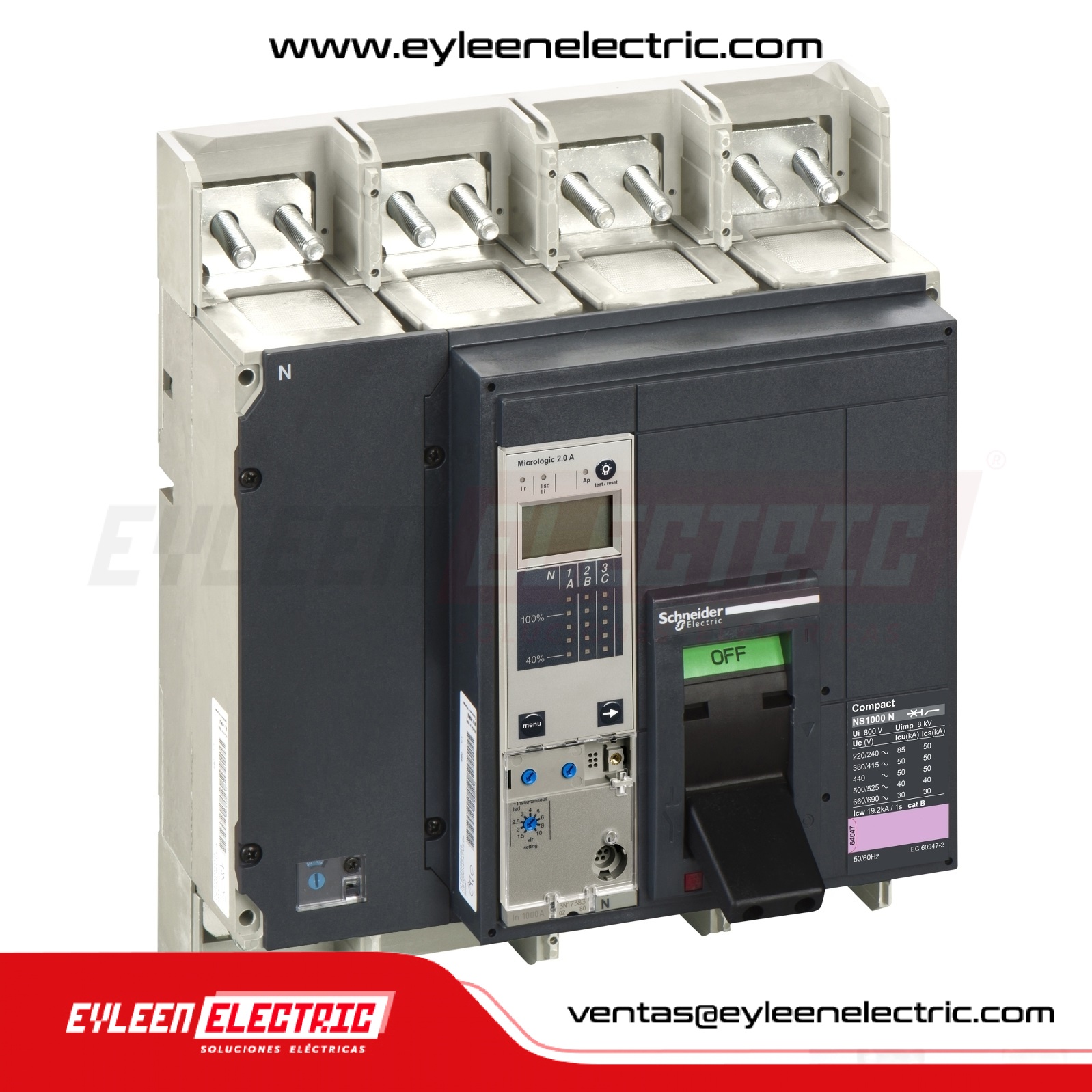 INTERRUPTOR AUTOMÁTICO FIJA REGULAR COMPACT NS1000N, 4X(400-1000A), 50/50/50kA, 220/380/440VAC, MicroLogic 2.0