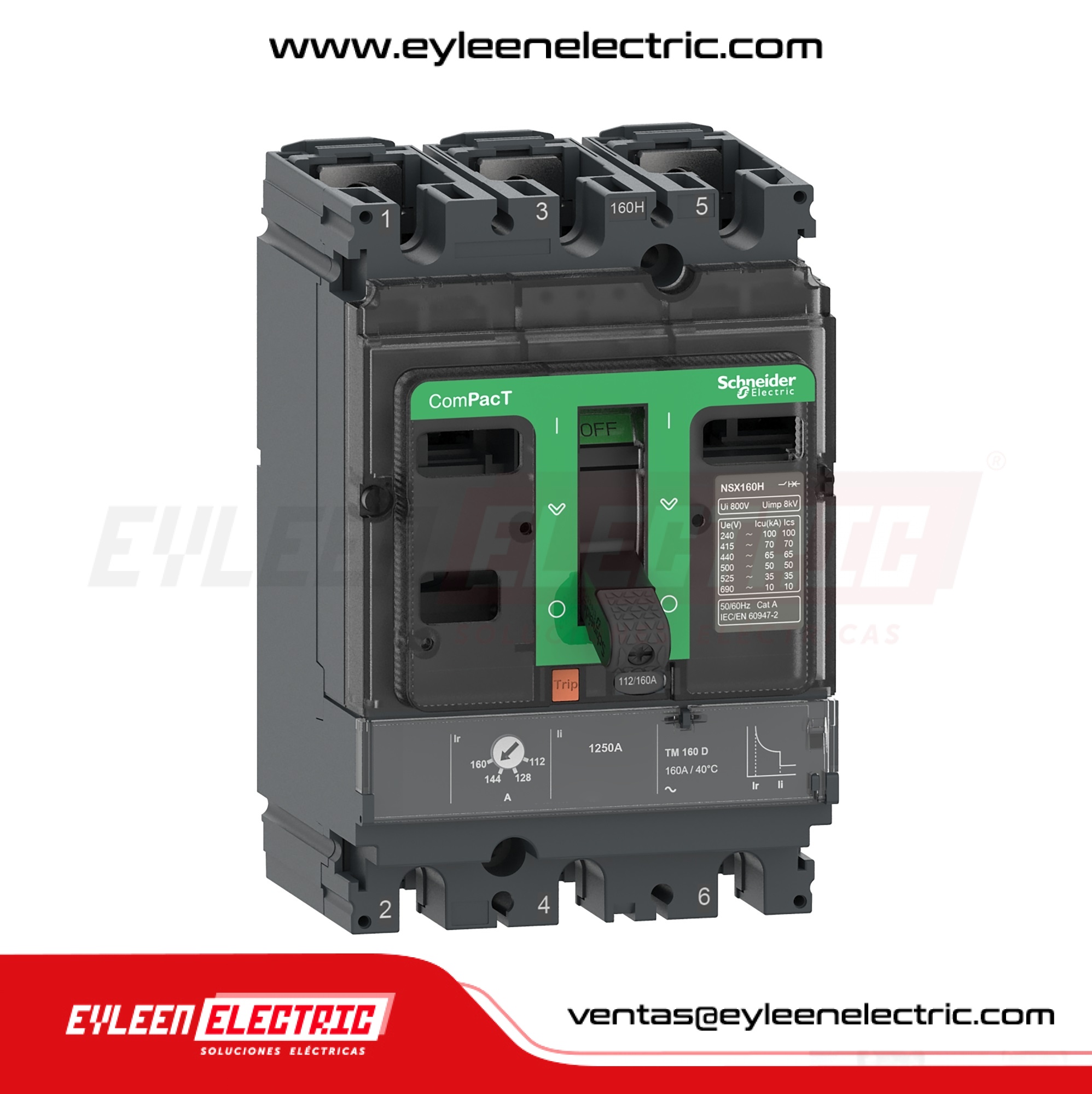 INTERRUPTOR AUTOMÁTICO FIJA REGULAR COMPACT NSX160H, TM160D, 3X(112-160A), 100/70/65kA, 220/380/440VAC