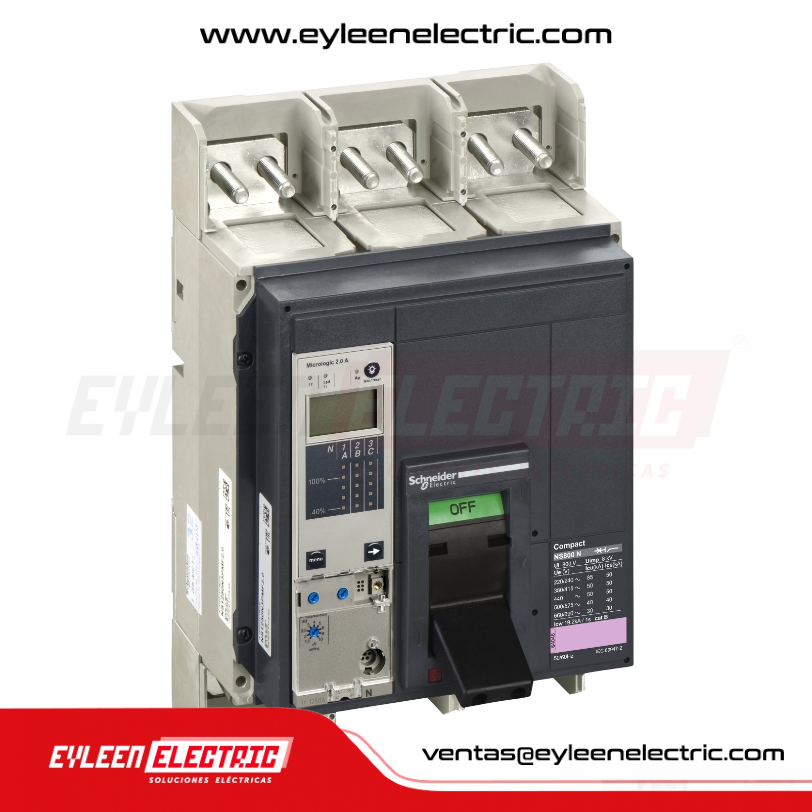 INTERRUPTOR AUTOMÁTICO FIJA REGULAR COMPACT NS1600H, 3X(640-1600A), 85/70/65kA, 220/380/440VAC,  MicroLogic 2.0