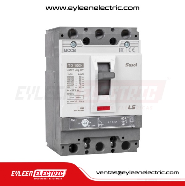 INTERRUPTOR DE CAJA MOLDEADA FIJA REGULAR, 3X(50.4-63A), TD100N FMU, 85KA/240V