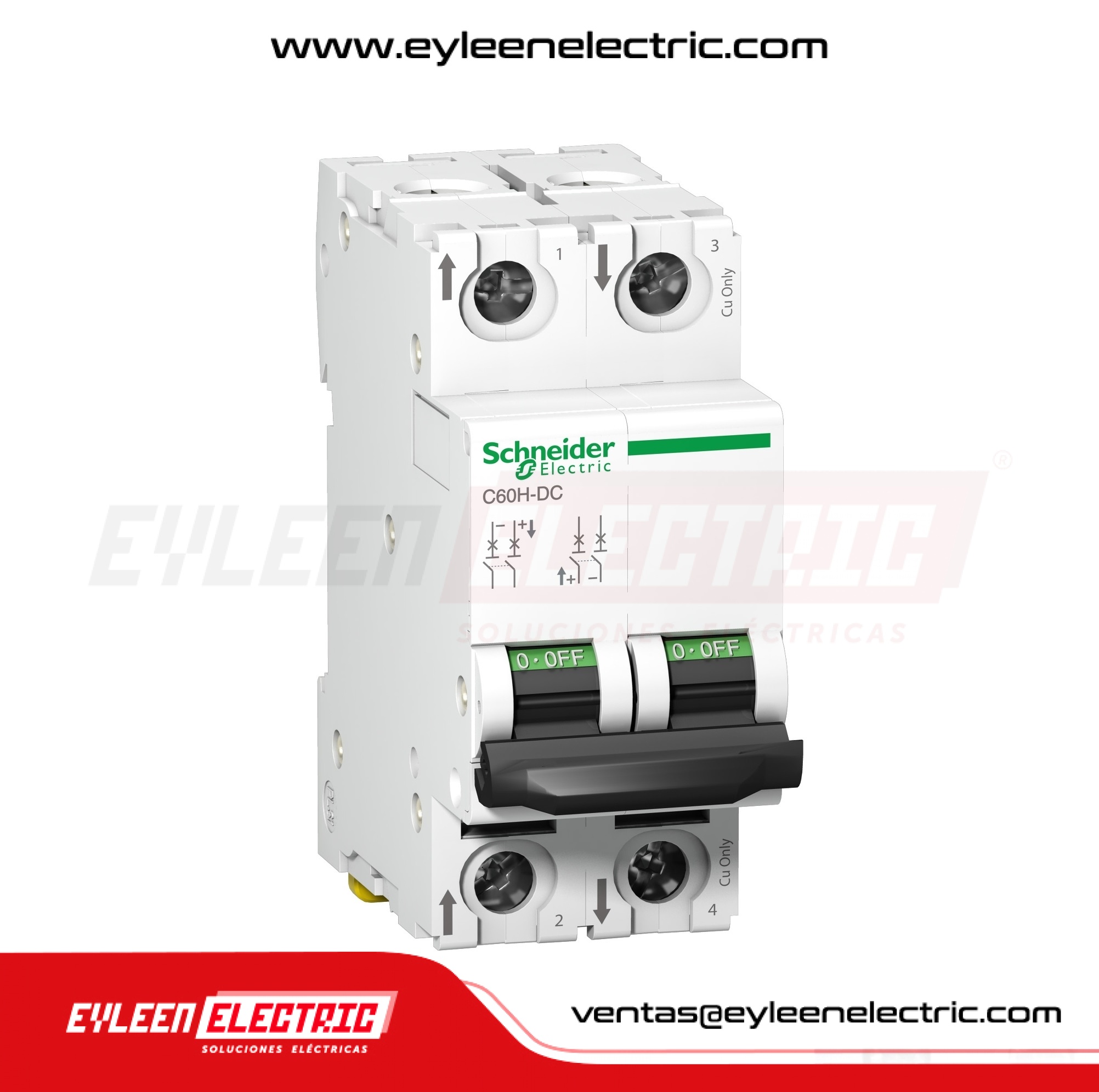 INTERRUPTOR TERMOMAGNETICO RIEL DIN ACTI9 C60H-DC, 2X10A, 20/10/6kA, 220/440/500VDC, CURVA C